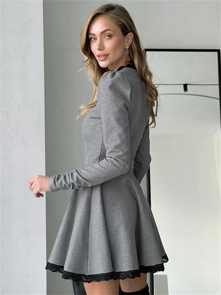 maoxiangshop - Lace Patchwork Fashion Mini Dress For Women Long Sleeve Contrast High Waist Autumn Zipper Dress Women Bodycon Dress 2025