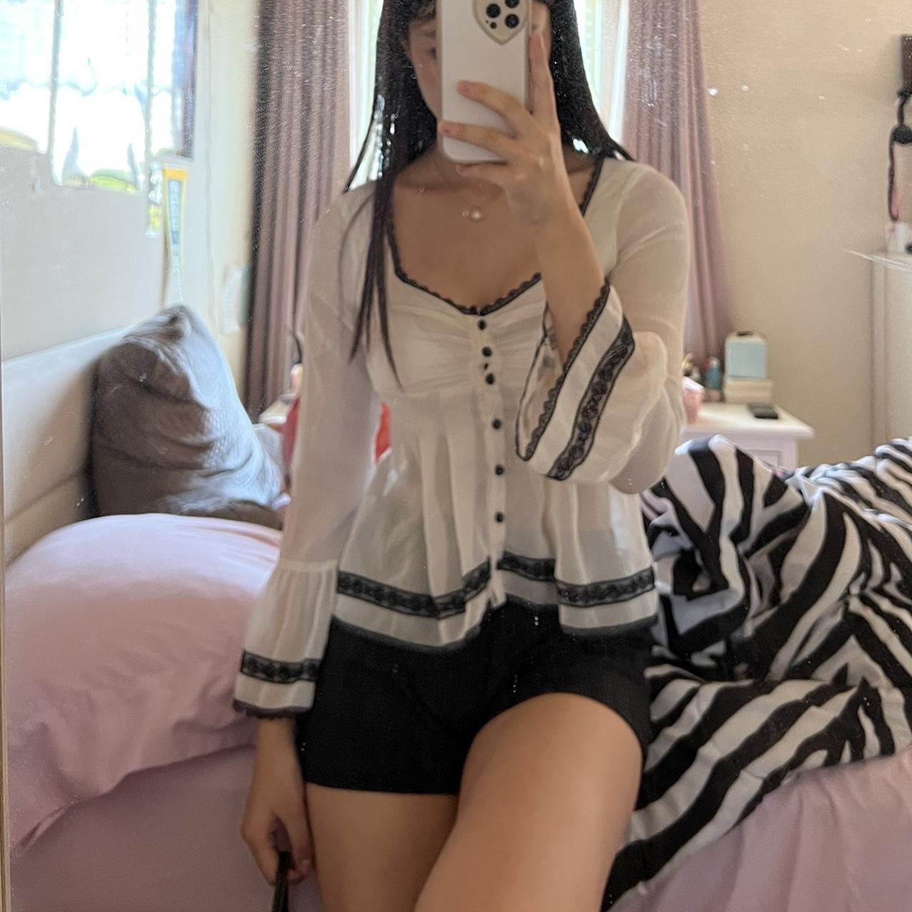 maoxiangshop y2k Mesh Sheer Crop Tops Fairycore Flared Sleeves Button Down T Shirt Aesthetic Clothes 2000s Women Tee Korean Fashion