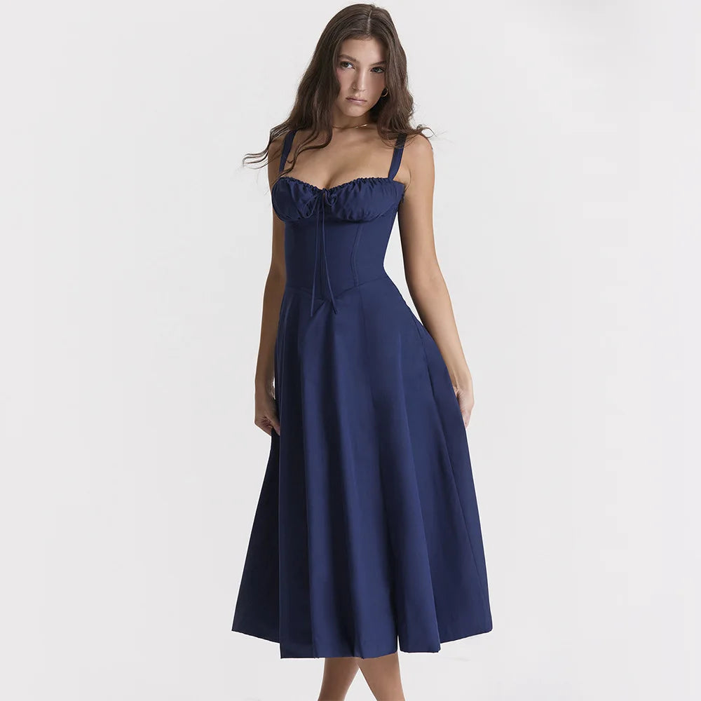 Elegant A Line Midi Dress Sexy Spaghetti Strap Lace Up Red Holiday Party Dresses Split Summer Dresses Women