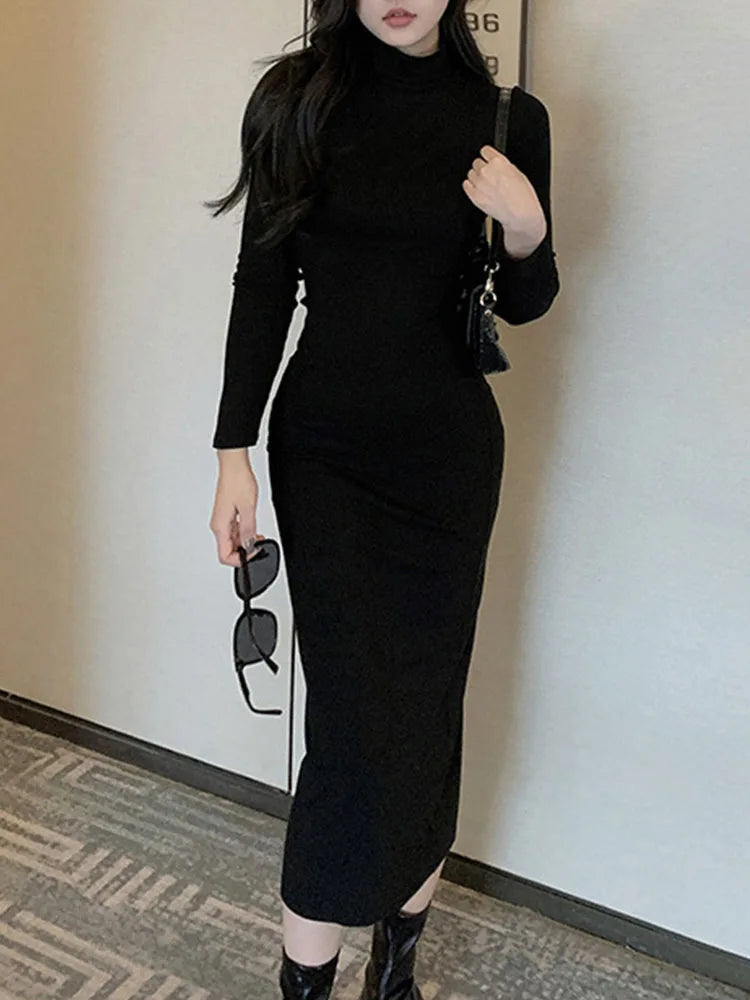 maoxiangshop Black Maxi Dress Women Sexy Punk Style Split Bandage Bodycon Dress Female Autumn Long Sleeve Turtleneck Party Club Long Dresses