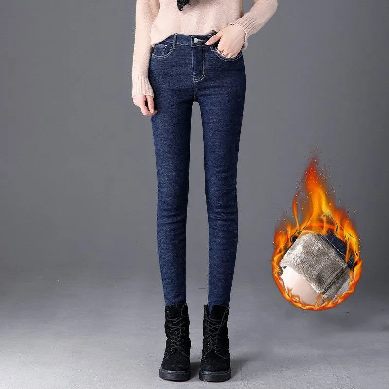 maoxiangshop Oversized Slim Velvet Lined Jeans Pencil Pants Winter Women Plush Stretch Vaqueros Trousers Mid Waist Thicken Warm Denim Spodnie
