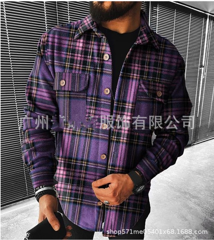 maoxiangshop Men Plaid Shirt Spring Fashion Large Size Pockets Long Sleeve Top Turn-down Collar Single-breasted Shirts