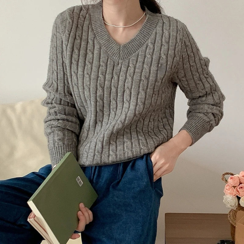 maoxiangshop-Women's Twist Pullover Knitted Sweater Solid Casual Jumper Fall Winter Vintage Embroidered V-Neck Long Sleeve Top