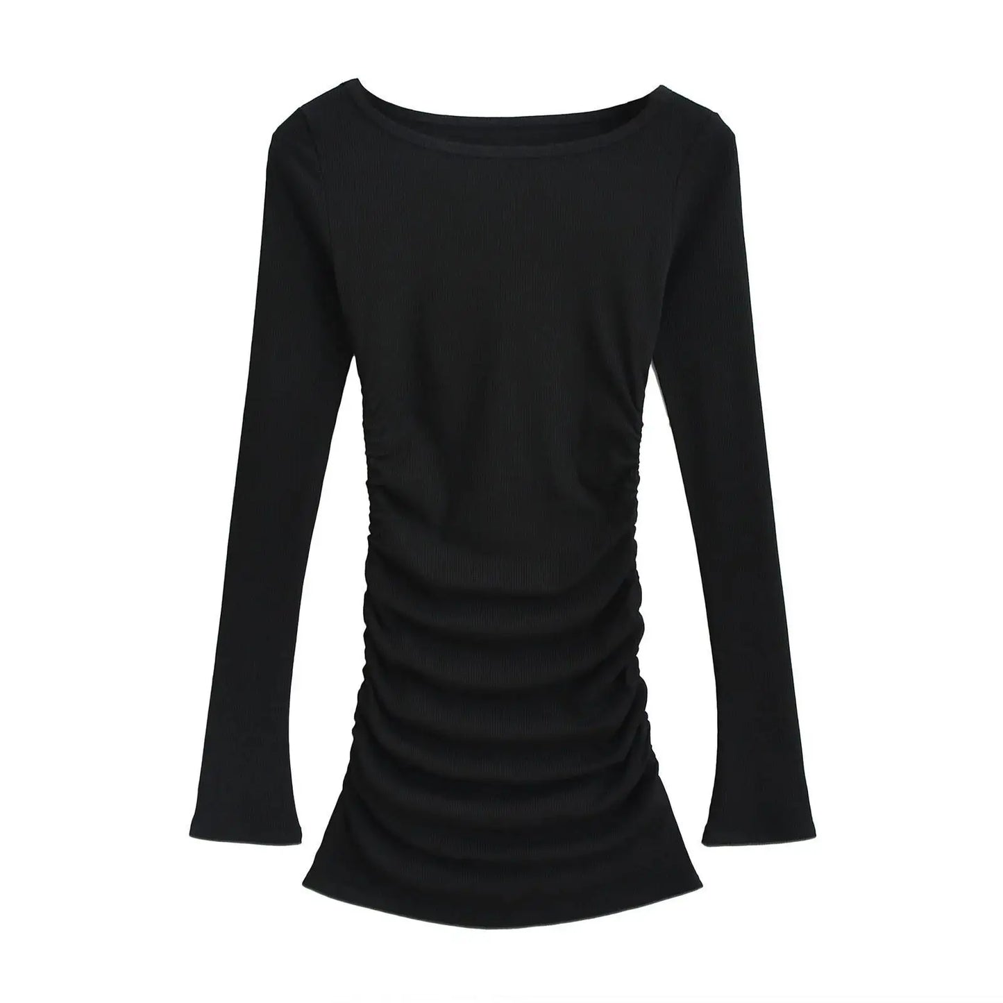maoxiangshop - Autumn/winter New Round Neck Long Sleeve Dress Women Cinching Waist Wrap Hip Solid Slim Pleated Knitted Short Dress