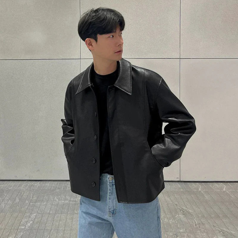 maoxiangshop Short Motorcycle Pu Leather Coat Trend Men's Autumn New Korean Style High End Lapel Loose Jacket Fashion Streetwear