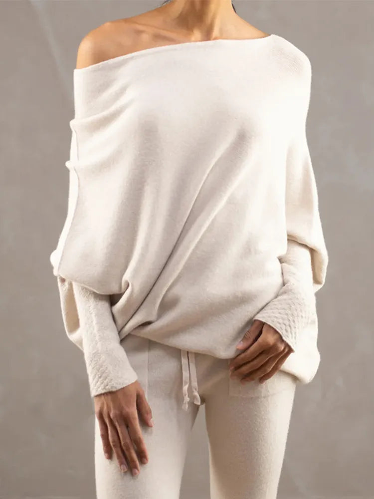 maoxiangshop Autumn And Winter New Women's Ribbed Knit Jumper Set Head Casual Bat Sleeve Round Neck Simple Versatile Knitwear Jumper