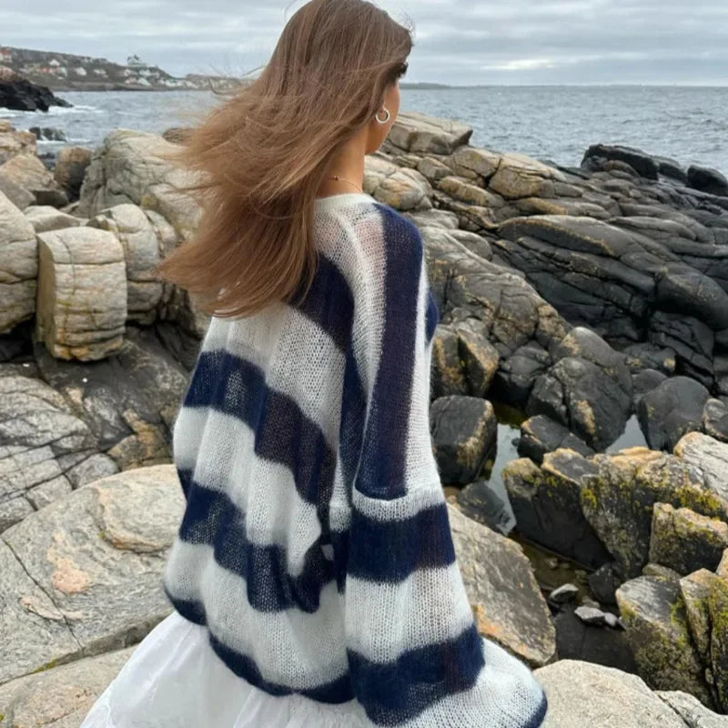 maoxiangshop - Striped Knit Sweater Cardigan With Scarf Women Casual V Neck Lantern Sleeve Coat 2024 Autumn Chic Contrast Lady Fashion Knitwear