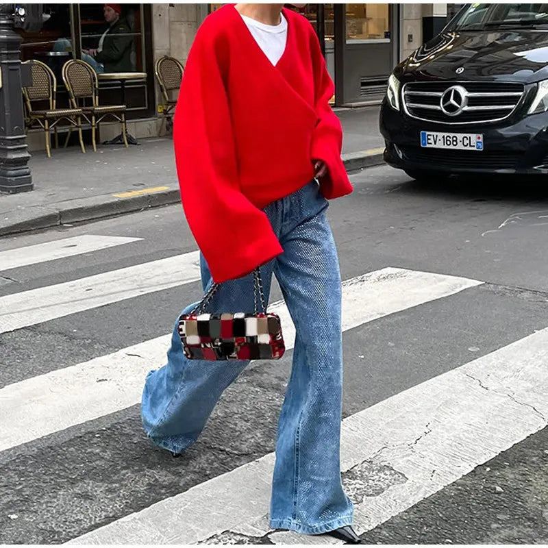 maoxiangshop - Loose Casual Red knitted Sweater Female 2024 Fashion Autumn Winter Long Sleeve Pullovers V Neck Splice Women's Solid Top
