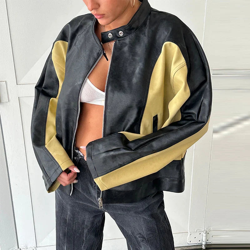maoxiangshop - Leather Bomber Jackets Women O-neck Long Sleeve Zipper Contrast Locomotive Coat 2024 Autumn Lady New Vintage Outwear