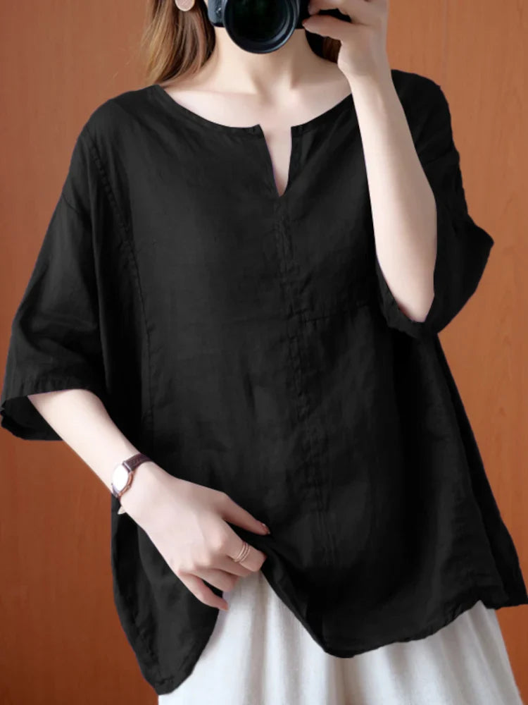 maoxiangshop Women Summer Blouse Casual Oversized Chemise Fashion Solid Vintage Half Sleeve Blusas Female O Neck Cotton Top Tunic
