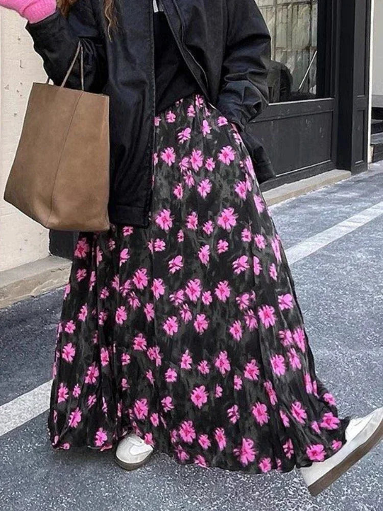 maoxiangshop Vintage Skirts for Women Flower Contrast Color High Waist Design Aesthetics Skirt Casual Loose All Match Clothing 2024