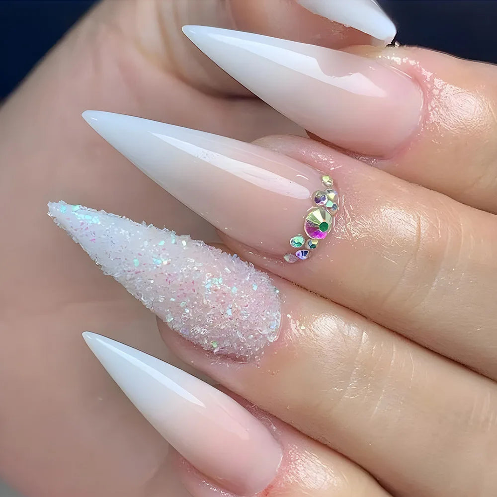maoxiangshop 24Pcs False Nails With Glue Almond Pink Butterfly Design Detachable Rhinestones Acrylic Fake Nails long stiletto Press On Nails