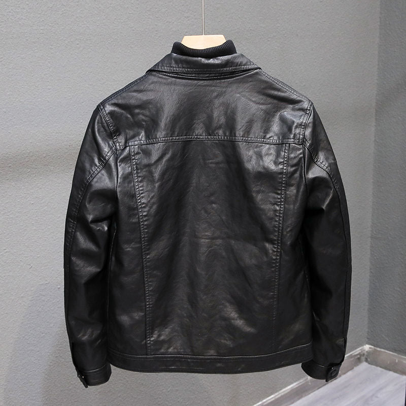 maoxiangshop Autumn New Korean Fashion Men's Slim Leather Jacket Retro Style Casual Lapel Black Biker Jacket Male Brand Clothes