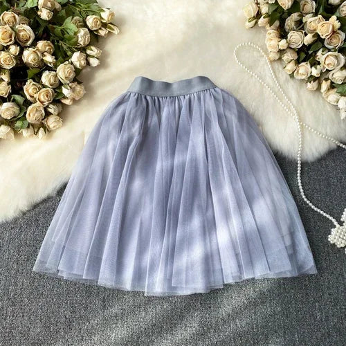 maoxiangshop Sweet Women Mini Skirt Mesh Solid Tierred Ruffles Elastic Waist Women's Clothing Almighty A-line Tulle Skirts Summer