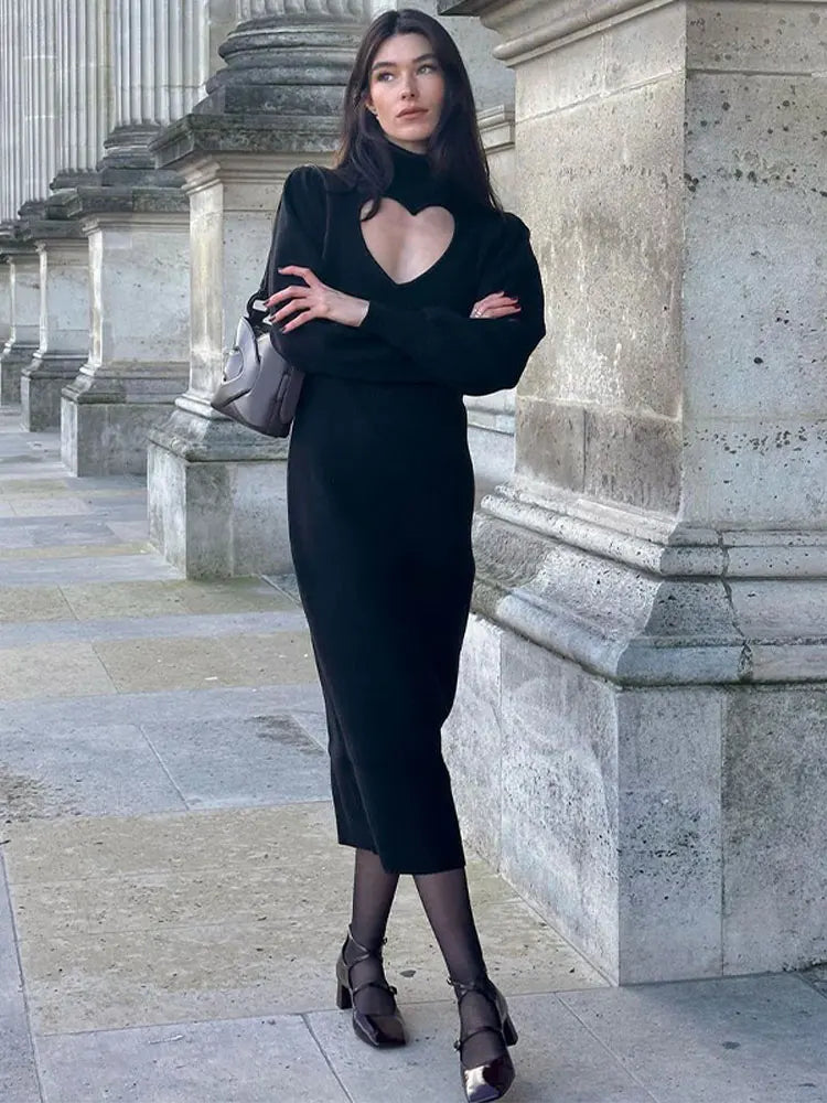 maoxiangshop - Women Heart Hollow Out Slim Long Dress Elegant Fashion Black Long Sleeve Dresses Autumn Party Street Lady Outerwear Vestido