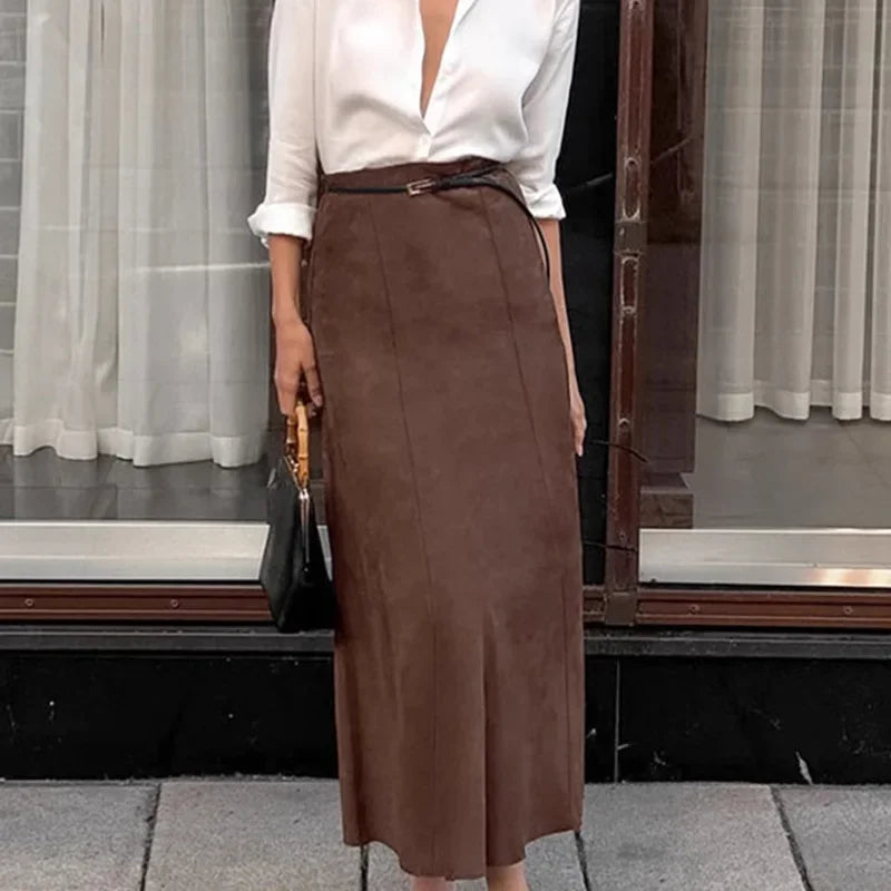 maoxiangshop - Elegant Suede Brown Women Skirts High Waist Pleated Slim Female Skirt 2024 Autumn Winter Zipper Office All Match Lady Party Wear