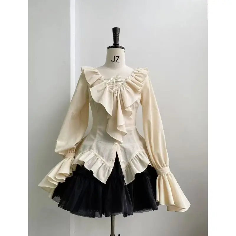 maoxiangshop - Autumn French Retro Court Style Lace up Ruffle Long Sleeve Shirt Top Black Puffy Cake Skirt Set Two Piece Sets Women Outfits