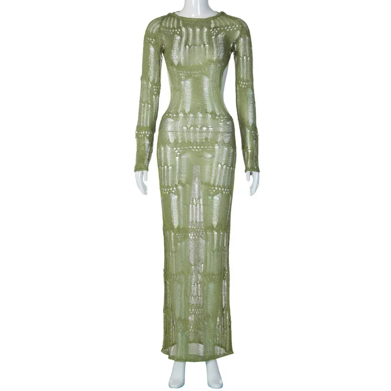 See Through Backless Sexy Dress For Women Summer Hollow Out Kintted Maxi Dresses Femme Club Fashion Solid Vestido Woman