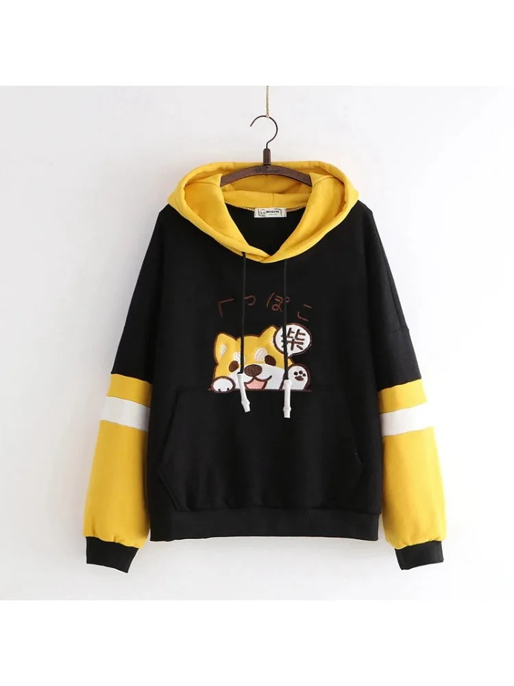 Women Cartoon Dog Embroidery Harajuku Hoodies Sweatshirts 2020 Winter Patchwork Hooded Plus Velvet Pullovers