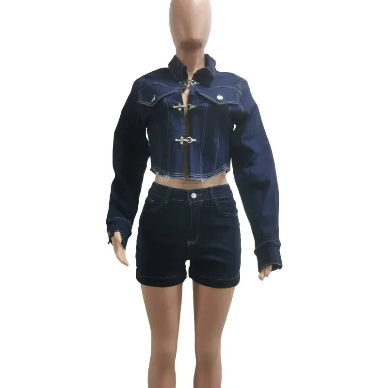 maoxiangshop - 2024 Autumn Women Stretch Denim 2 Piece Set Metal Buckles Long Sleeve Irregular Jackets Crop Top + Shorts Jeans Matching Suits