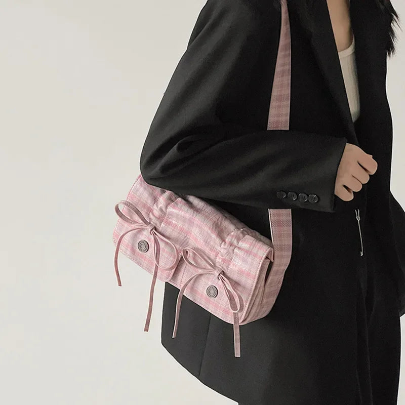Plaid Pink Womens Shoulder Bag Pleated Casual Sweet Cute New Fashion Leather Handbag Literary Exquisite Designer Armpit Bag