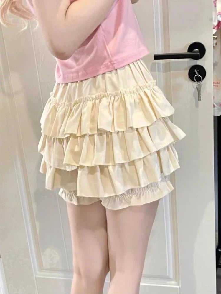 maoxiangshop Kawaii Lolita Skirt Women Ruffle Layered High Waist Cutecore Mini Skirt Shorts Harajuku Japanese Style Soft Girl