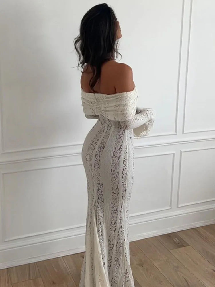 maoxiangshop - Lace Hollow Slim Mini Dress For Women One Shoulder Sexy Long Sleeves Club Party Dresses Bodycon Bandage Elegant Autumn