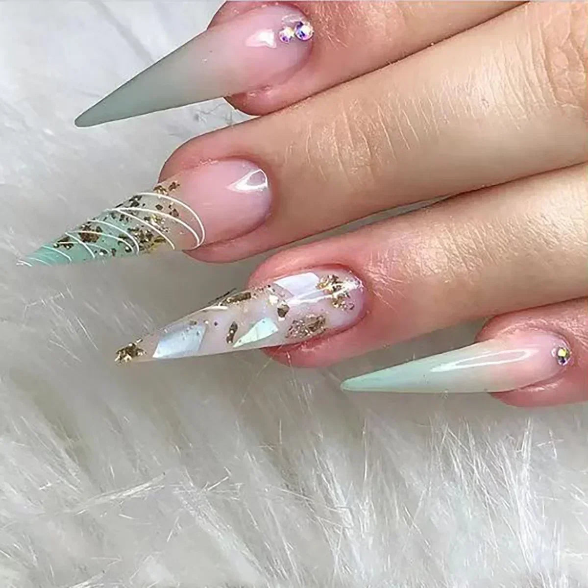 maoxiangshop 24Pcs False Nails With Glue Almond Pink Butterfly Design Detachable Rhinestones Acrylic Fake Nails long stiletto Press On Nails