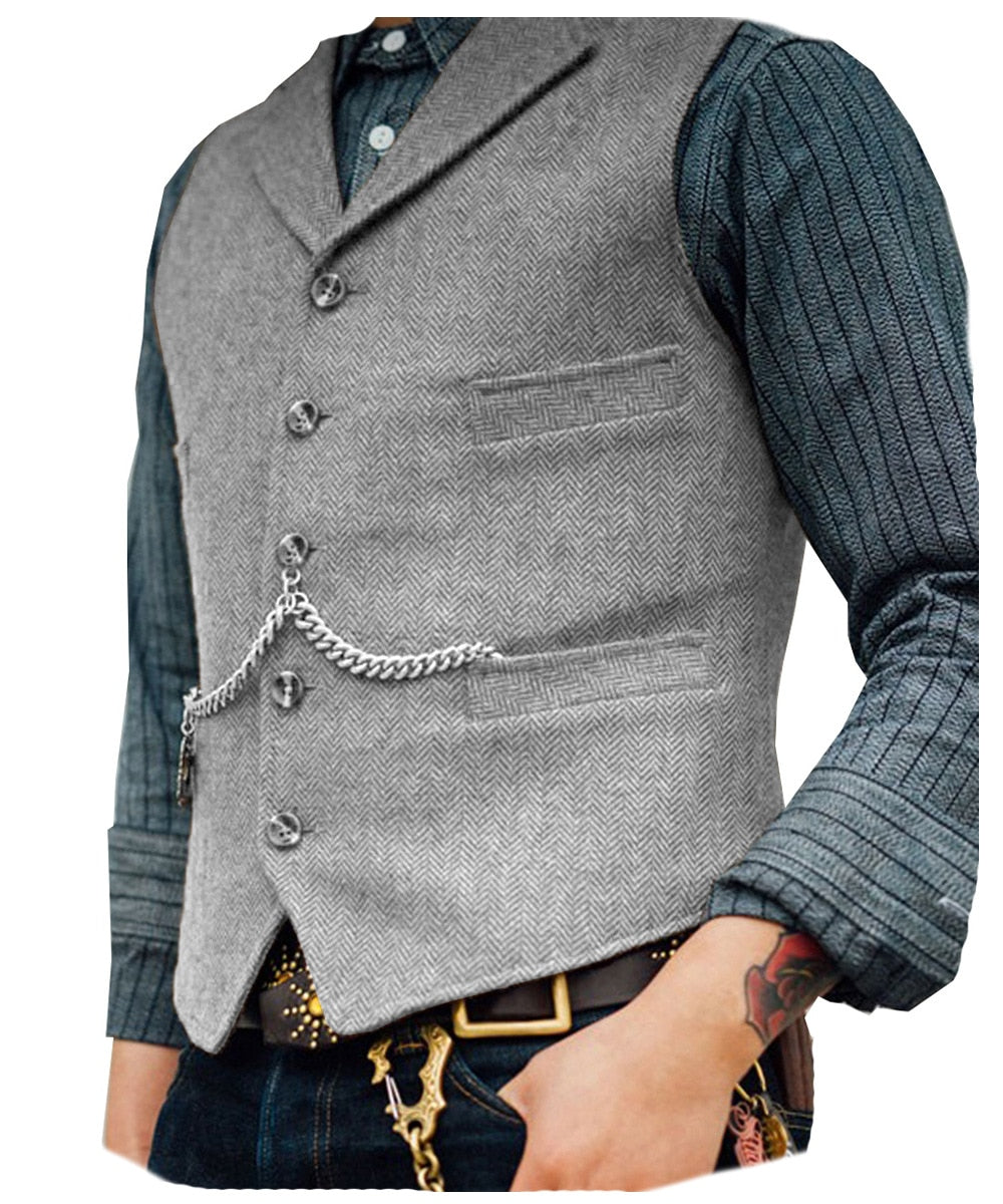 maoxiangshop Men's Suit Vest Brown Wool Tweed Business Waistcoat Jacket Casual Slim Fit Gilet Homme Vests For Groosmen Man Wedding