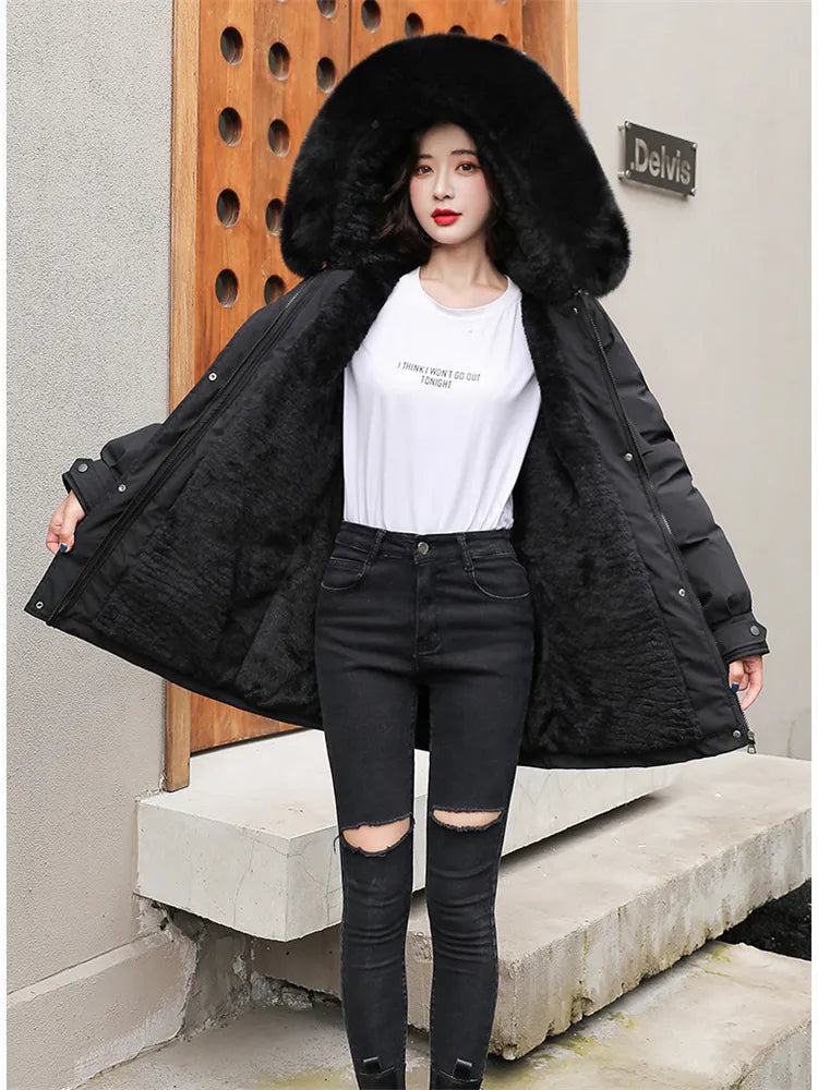 maoxiangshop Winter Coat Low Price On Sale Women Beige Add Wool Thick Warmth Fur Hooded Parkas Jacket New Fashion Belt Slim Cotton Coat