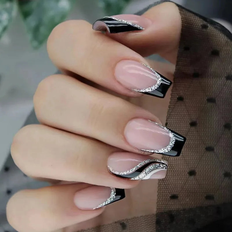 maoxiangshop 24Pcs Long Square Head False Nails with Gold Foil Design Wearable Black French Fake Nail Glitter Coffin Full Cover Press on Nail