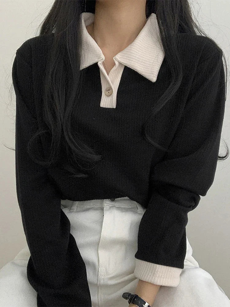 maoxiangshop Casual Women T-shirts Korean Fashion Sweet Preppy Style Tops Female Autumn Long Sleeve Turn Down Collar Basic Pullovers Tees