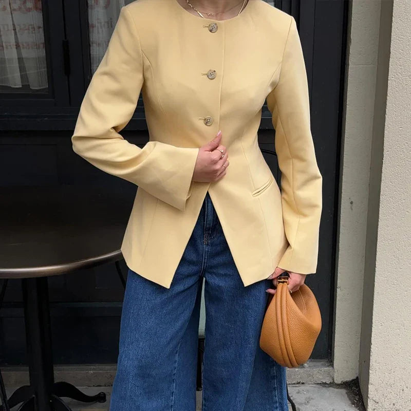 maoxiangshop - Solid O Neck Women Coats Long Sleeve Straight Female Jackets 2024 Fashion Autumn Elegant Office Pockets Single Breasted Lady Top