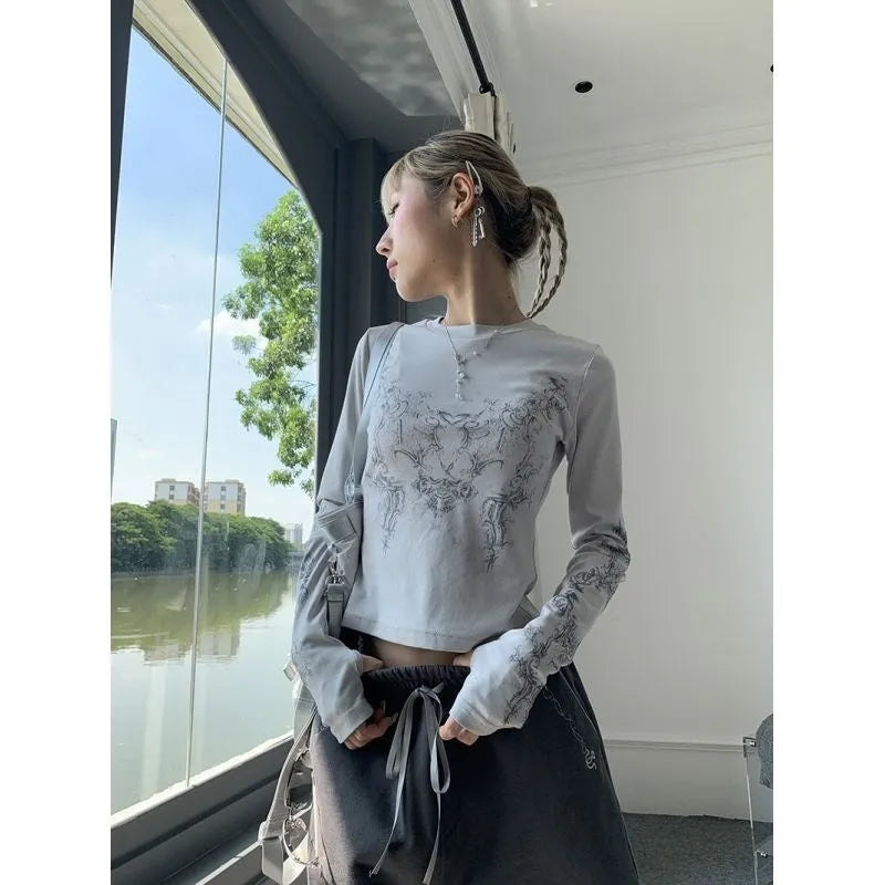 maoxiangshop- Vintage Women Clothes Y2k Spring Outfits T-shirts Mujer De Moda O-neck Long Sleeve Print Woman Tshirts Fashion Casual Tops Gothic Crop Top