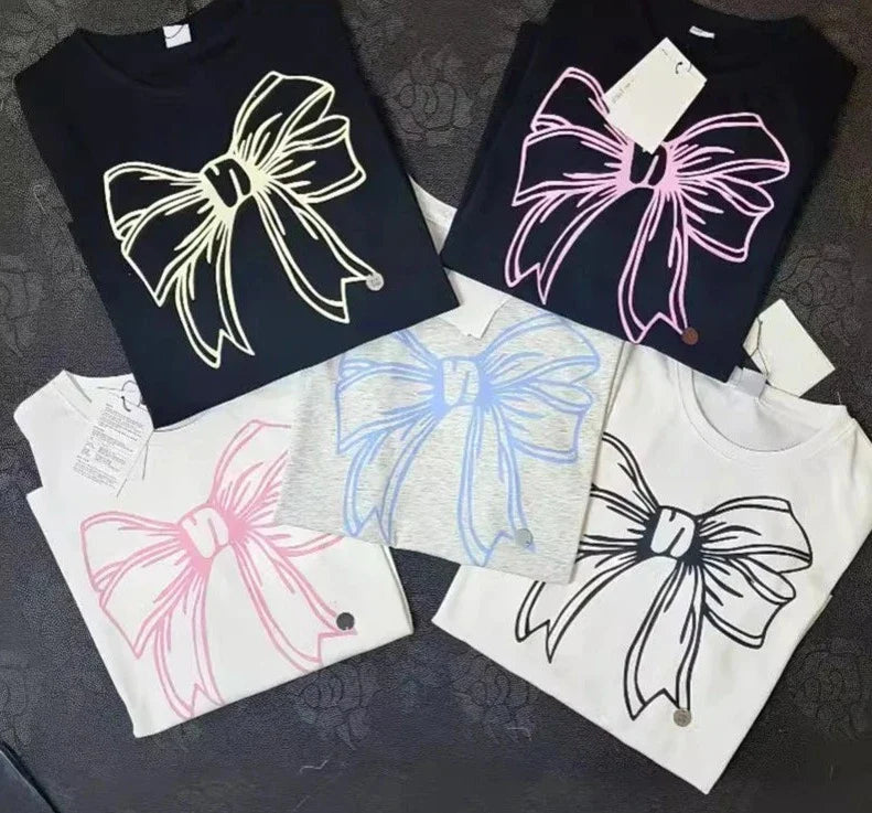 maoxiangshop - Large Bow Print Cute Women T-shirts Short Sleeve O-neck Loose Sweet Summer Tees Cotton 2024 New Fashion Korean Chic Tops Woman