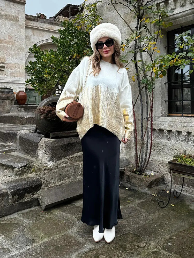maoxiangshop - Loose Tie Dyed Shiny Metallic Sweater Women Round Neck Long Sleeve Knit Pullover 2024 Spring Autumn Fashion Lady Street Jumper