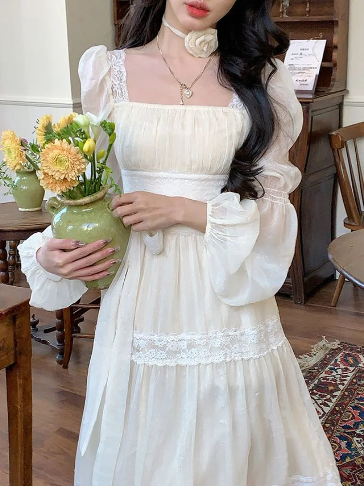 maoxiangshop - Autumn Long Sleeve Elegant Lace Dress Woman French Style Fashion Midi Dress Casual Party Slim One Piece Dress Korean Chic