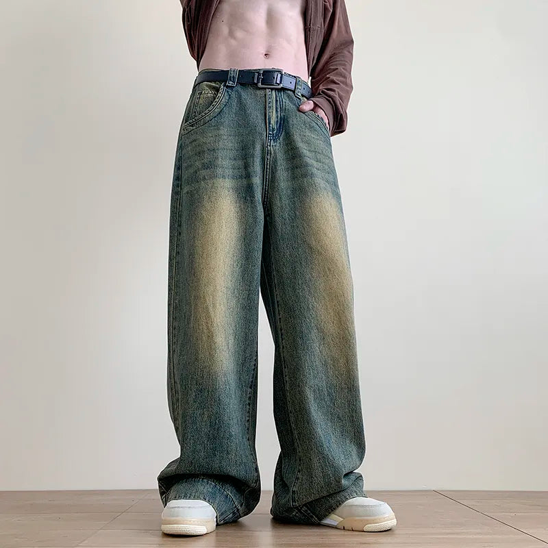 maoxiangshop Distressed Vintage Blue Jeans Pants Men Wide-leg Denim Trousers Male Oversize Streetwear Fashion Casual Baggy Straight Jeans