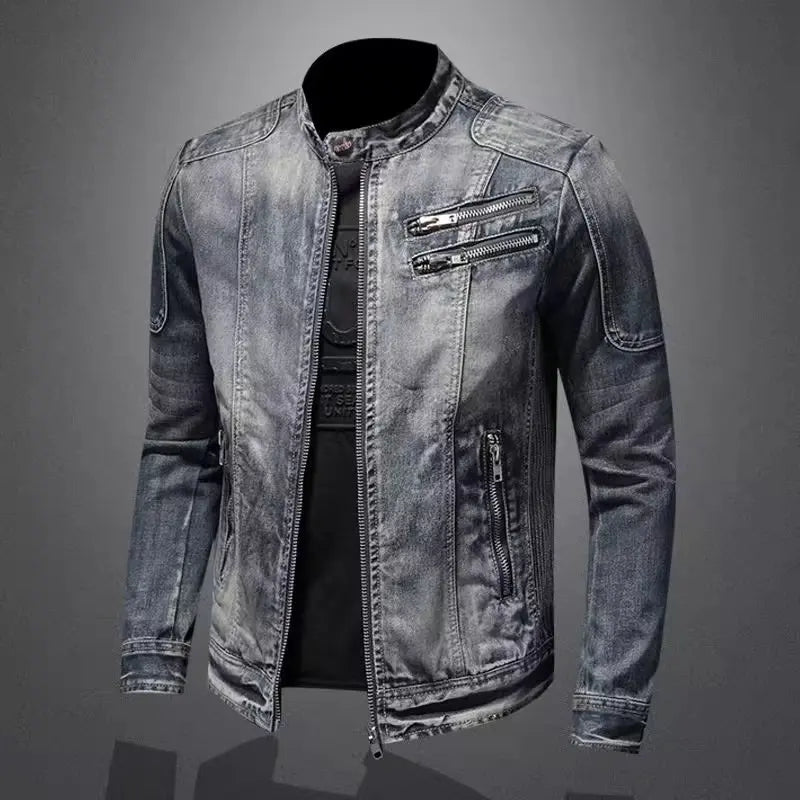 maoxiangshop Denim Jackets Men Casual Stand Collar Moto Biker Outerwear Coats Mens Fashion Zippers Motorcycle Streetwear Jacket Male Clothes