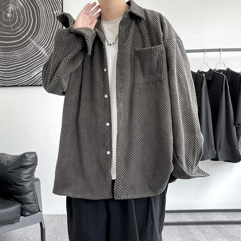 maoxiangshop New Korean Style Shirt Plus Size 5Xl-M Corduroy Shirts Men Harajuku Pineapple Cubes Mens Shirt Long Sleeve Streetwear Fashions