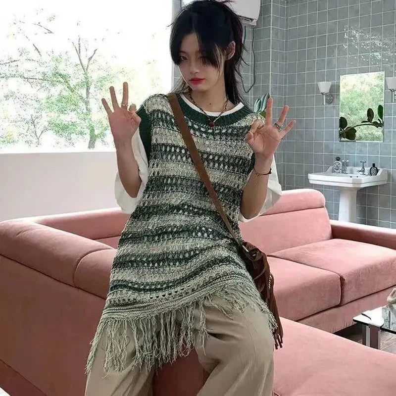Sleeveless Knitted Vest Women Striped Hollow Out Tassel Sweaters Vintage Harajuku Casual Outwear Korean Loose Jumpers Coat