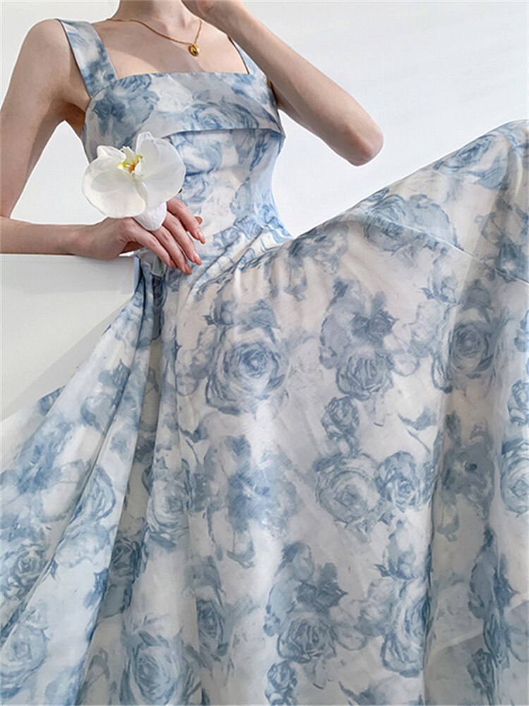 maoxiangshop Print Dress for Women Fashion Fairycore Spaghetti Strap Summer Dress Chic Elegant Square Collar Slim Midi Dress