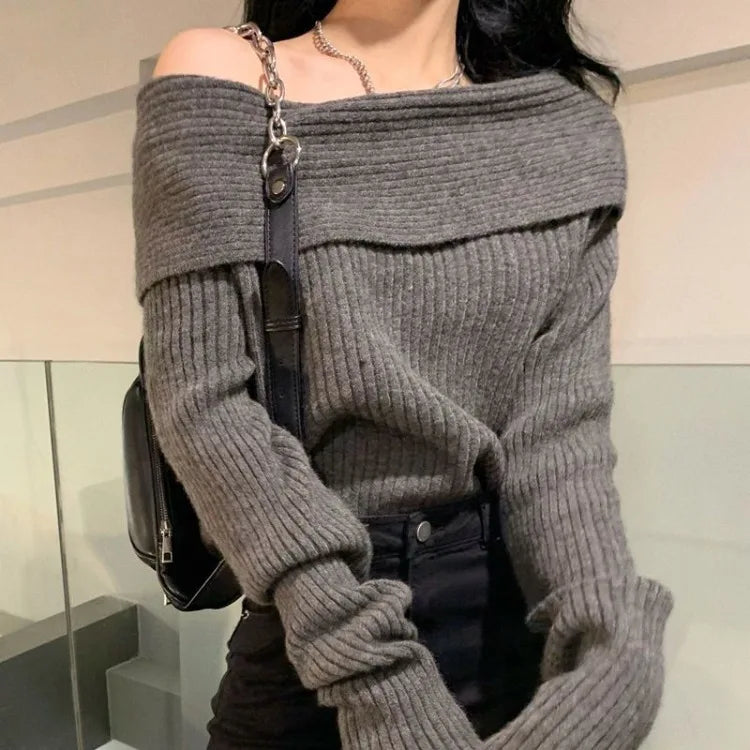 maoxiangshopHigh Street Sexy Off Shoulder Gray Sweaters Autumn New Thicked Warm Tops Women Y2k Grunge Long Sleeve Knitted Pullover