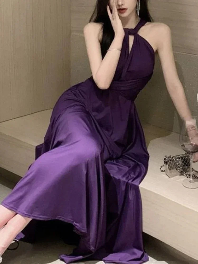 maoxiangshop Purple Sexy Party Sleeveless Dress Women Chiffon France Vintage Long Dress Female Beach Elegant Chic Backless Dress Summer