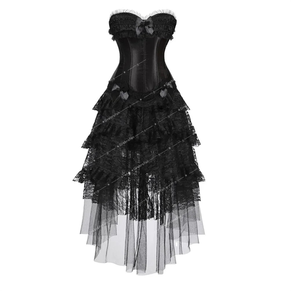 maoxiangshop - Corset Dress Steampunk Lace Trim Bustier with Long Tulle Skirt Carnival Party Night Costumes Plus Size Halloween Outfits Women
