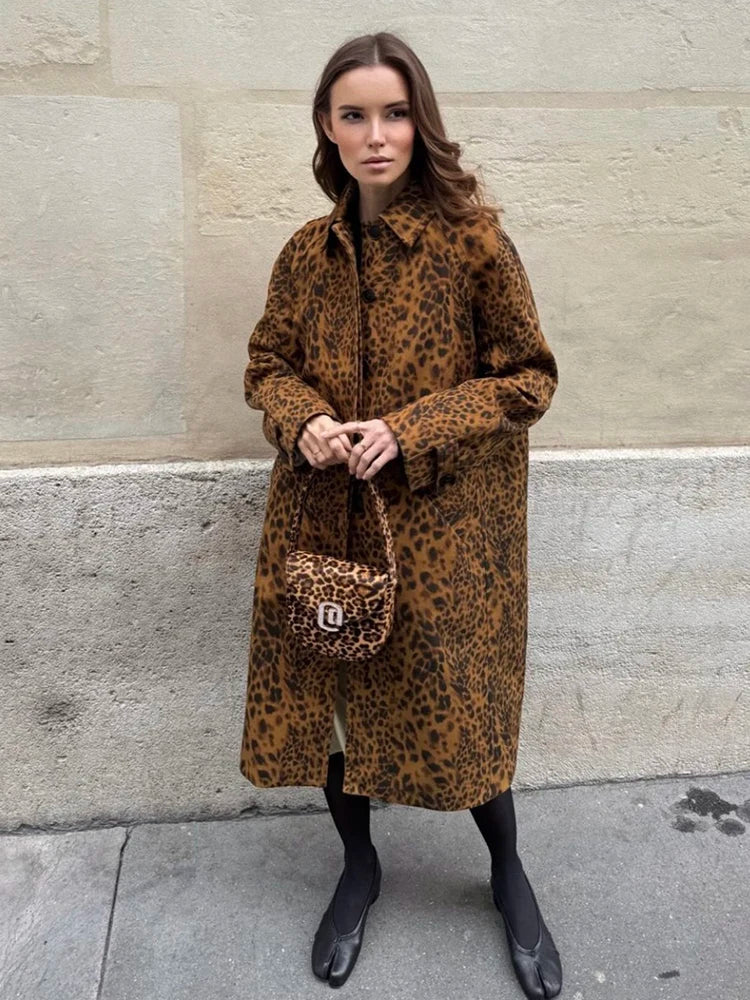 maoxiangshop - 2024 Autumn Leopard Print Women Oversize Trench Long Sleeve Single Breasted Long Loose Jacket Female Y2K Coat Streetwear