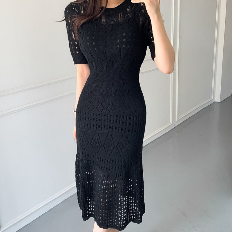 maoxiangshop Casual Chic Korean Temperament Slim Sexy Hollow Out Dresses O Neck Short Sleeve Wrap Hip Knitted Dress White Lady Summer