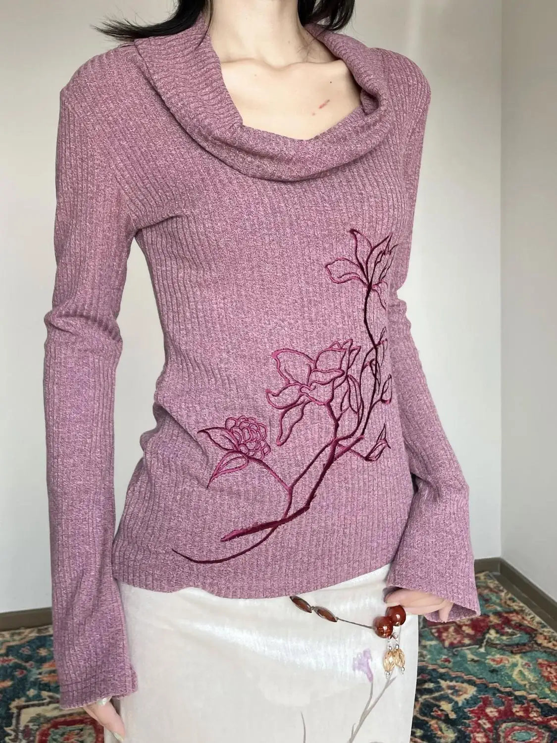 maoxiangshop - Swinging Collar Off Shoulder Purple Embroidered Sweater for Women Autumn Spicy Girls Slim Fit High End Knitted Shirt Women Tops