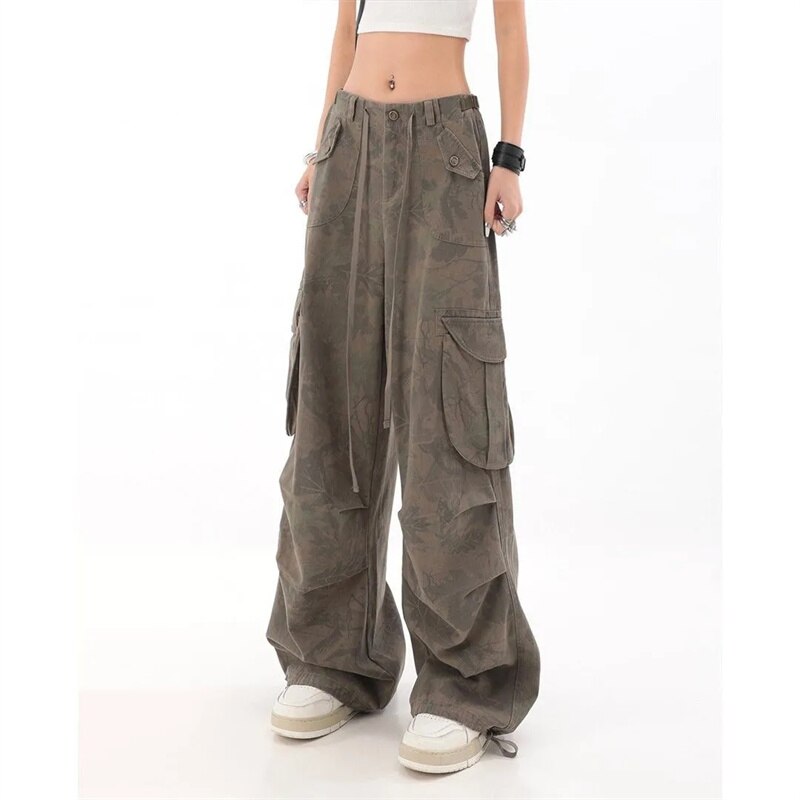 maoxiangshopY2K Grunge Cargo Pants Woman Streetwear Vintage 90s Wide Leg Trousers Oversized Hippie Punk Graphic Print Retro Sweatpants
