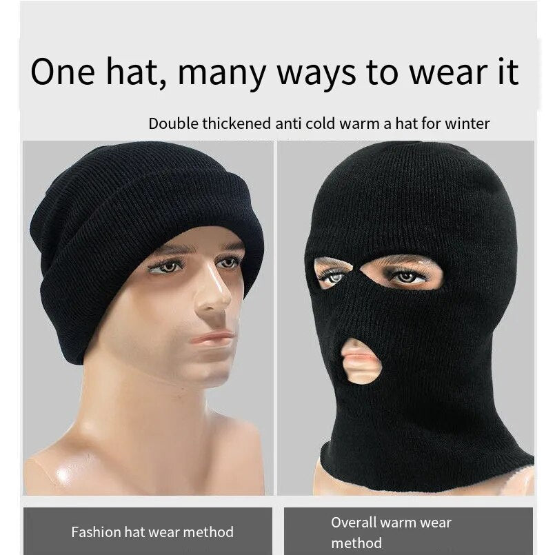 maoxiangshop Winter men's face mask, warm hood, sports scarf, skiing hat, three hole wool hat, outdoor cycling knitted pullover hat